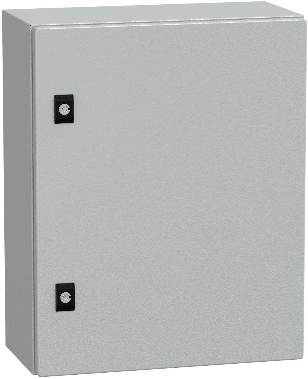 Grauer Metallschaltschrank mit einer schlichten Vordertür und zwei schwarzen Verschlüssen