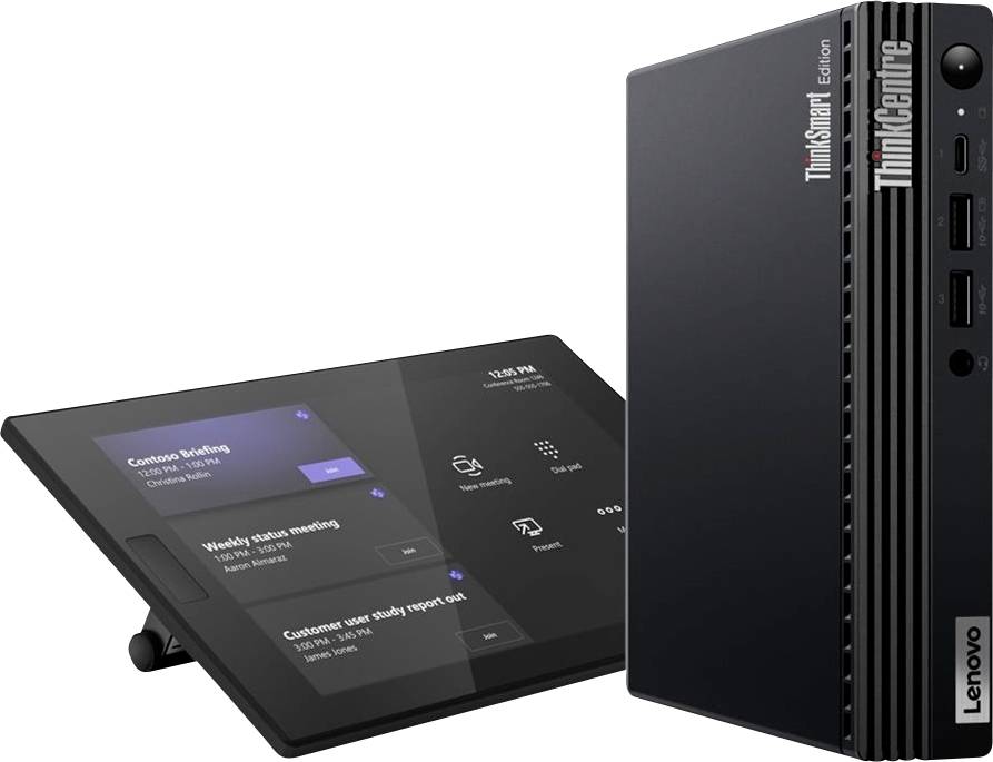 Lenovo ThinkCentre Tiny Desktop neben einem geneigten Touchscreen-Display, das ein Besprechungs-Dashboard mit Kalender-, Videoanruf- und Raumstatus-Elementen zeigt.