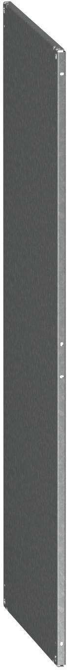 Graues Metallserver-Rack-Blindpaneel mit Montagelöchern und Seitenflanken, vertikal auf weißem Hintergrund dargestellt.