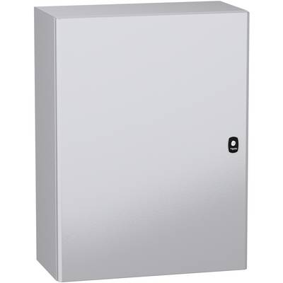 Silbernes Metallgehäuse für Elektroinstallationen mit einer schlichten Vordertür und kleiner schwarzer Verriegelung auf der rechten Seite.