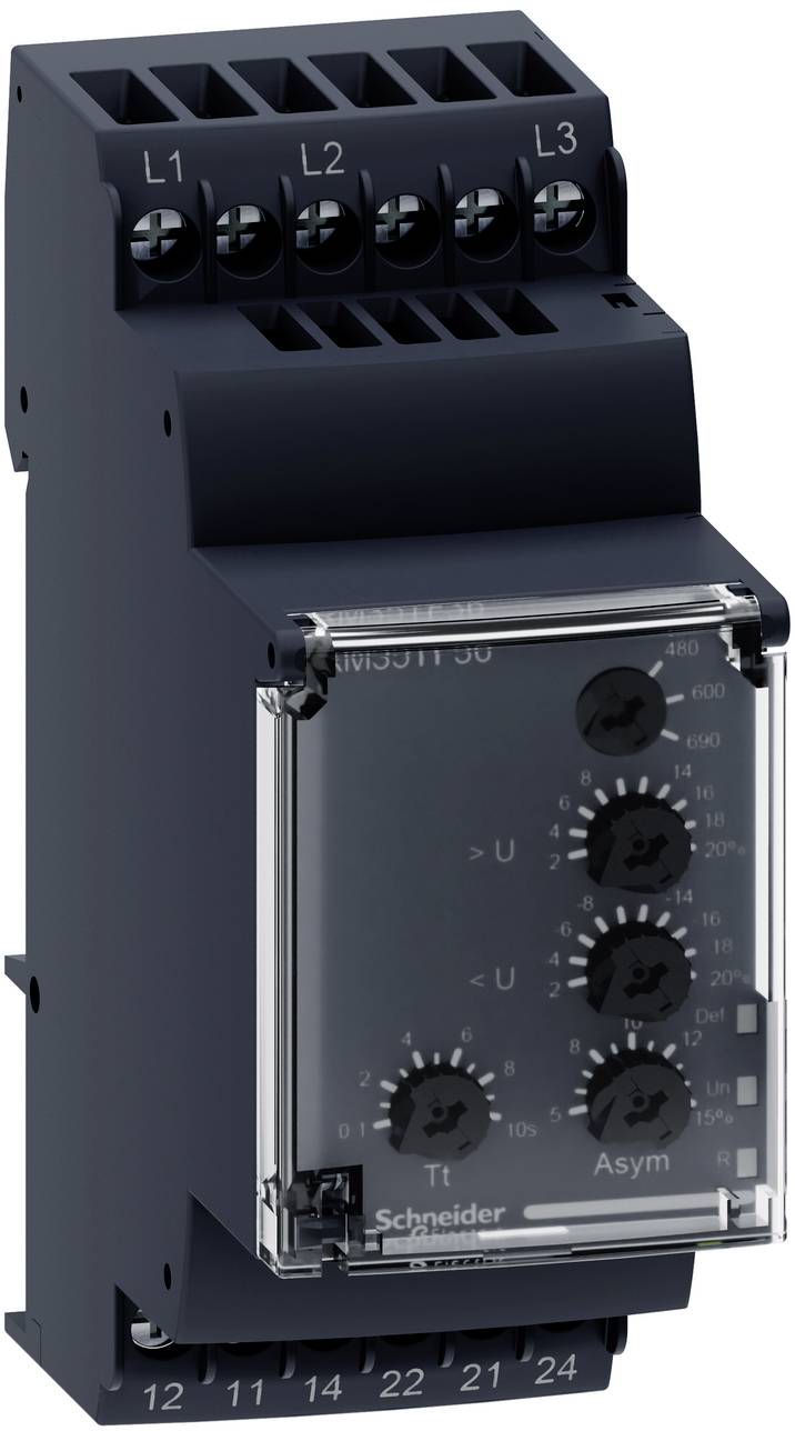 Schneider Electric Zeitrelais-Modul mit verstellbaren Drehschaltern und Schraubklemmen mit den Bezeichnungen L1, L2, L3 und 12, 11, 14, 22, 21, 24.