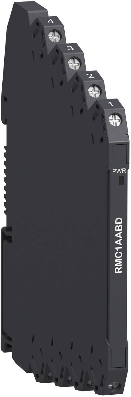 Schwarzes schlankes Industrieelektronikmodul mit nummerierten Schraubklemmen und einer PWR-Beschriftung auf der Vorderseite, gekennzeichnet mit "RMC1AABD".