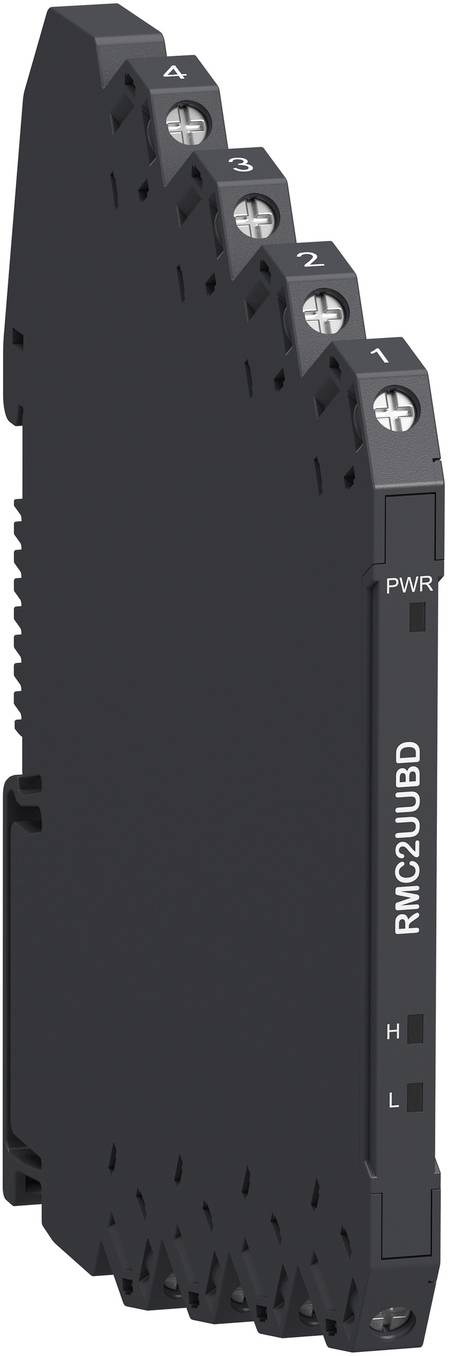 Schwarzes industrielles elektronisches Modul mit vier nummerierten Schraubklemmen und PWR-, H-, L-Indikatorbezeichnungen, auf der Vorderseite mit „RMC2UBD" gekennzeichnet.