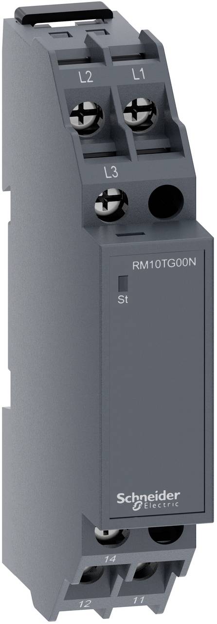 Grauer Schneider Electric modularer elektrischer Klemmblock mit Kennzeichnung L1, L2, L3 und RM10TG00N, mit Schraubanschlüssen und nummerierten Klemmen.