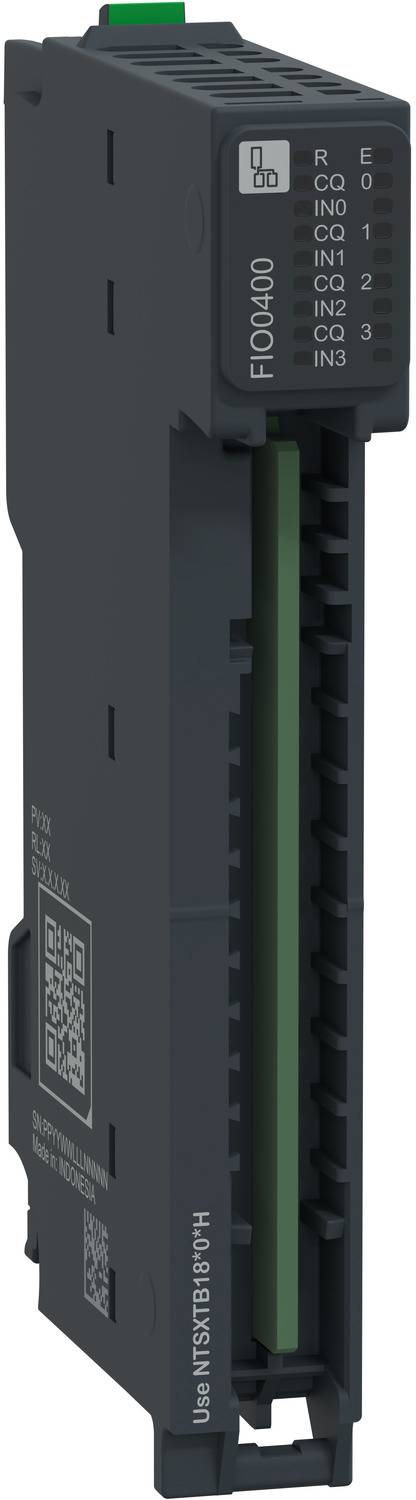 Industrie-E/A-Modul mit der Bezeichnung „FIO0400" mit grünen Anschlussklemmen und Statusanzeigen, dargestellt in einer Seitenansicht.