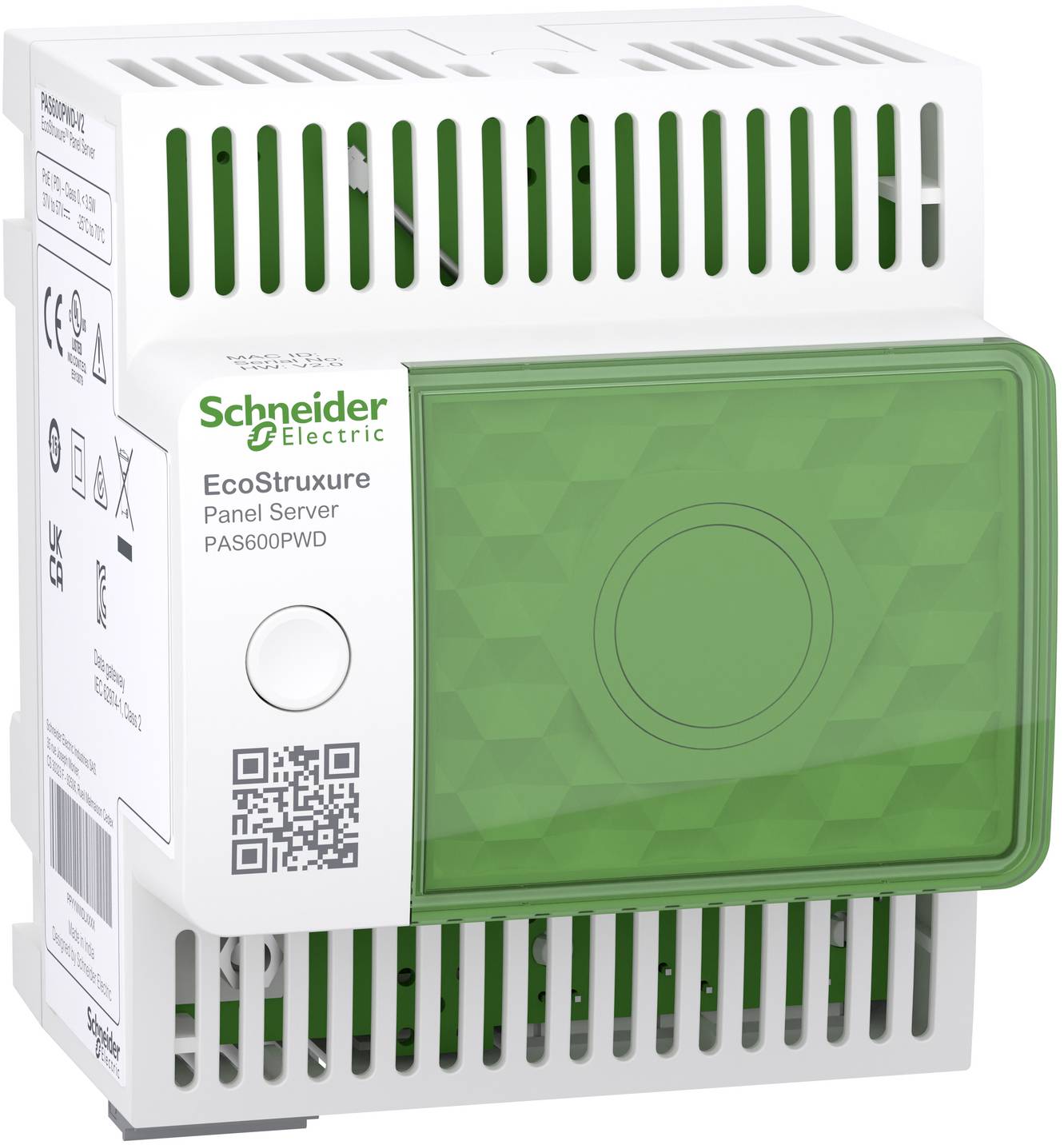 Schneider Electric EcoStruxure Panel Server PAS600PWD mit grüner Frontabdeckung und belüftetem weißem Gehäuse, dargestellt auf weißem Hintergrund.