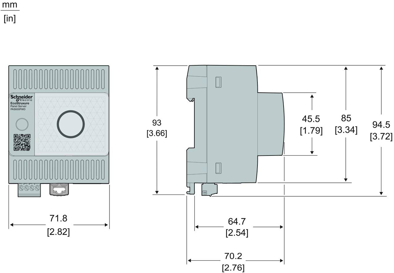 Maßstabgerechte Zeichnung eines Schneider Electric DIN-Schienen-Moduls, zeigt Vorder- und Seitenansichten mit Abmessungen in mm und Zoll.