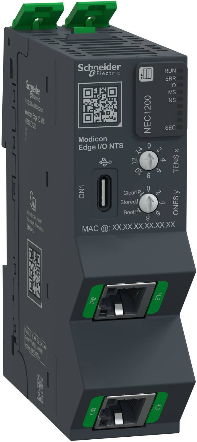 Schneider Electric Modicon Edge I/O NTS Industriekommunikationsmodul mit QR-Code, Statusanzeigen und zwei Ethernet-Anschlüssen.
