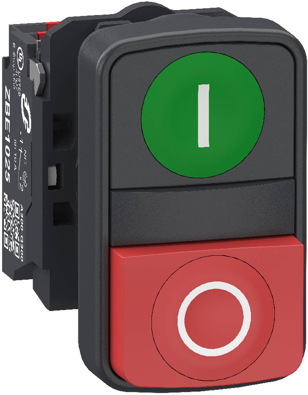 Schneider Electric XB5AL734155 Doppeldrucktaster, Harmony XB5, Kunststoff, 22mm, grün, rot, beschriftet I/O, tastend, 1S+1Ö, Push-In Doppeldrucktaster 10 St.