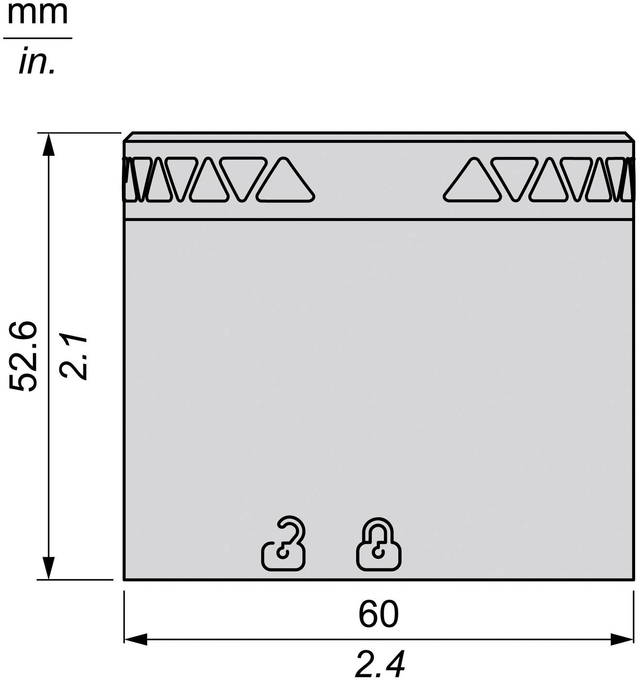 Maßstabgetreue Vorderansicht eines kleinen rechteckigen Akkus oder Geräts mit einer Breite von 60 mm und einer Höhe von 52,6 mm, mit Lüftungsmuster oben und Sperrsymbolen in der Nähe des unteren Bereichs.