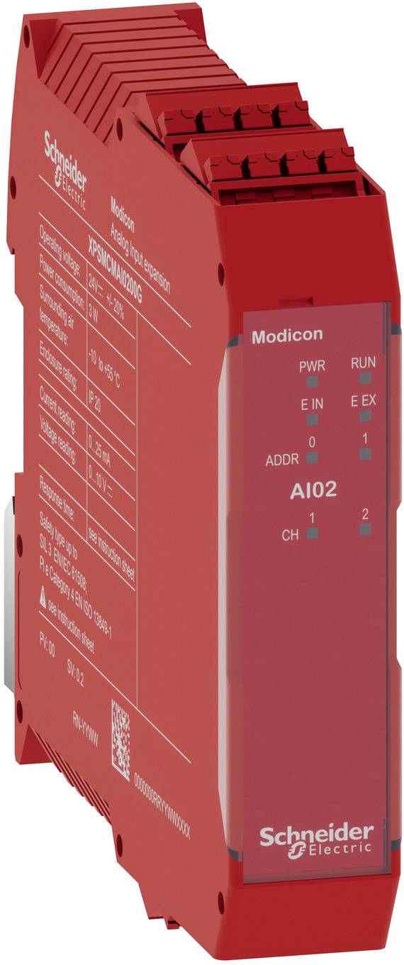Rotes Schneider Electric Modicon AI02 Industriemodul mit gekennzeichneten PWR-, RUN-, E/R- und Kanalanzeigelampen.