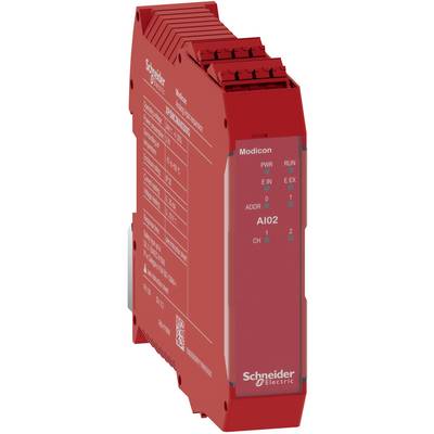 Rotes Schneider Electric Modicon AI02 Industriemodul mit gekennzeichneten PWR-, RUN-, E/R- und Kanalanzeigelampen.