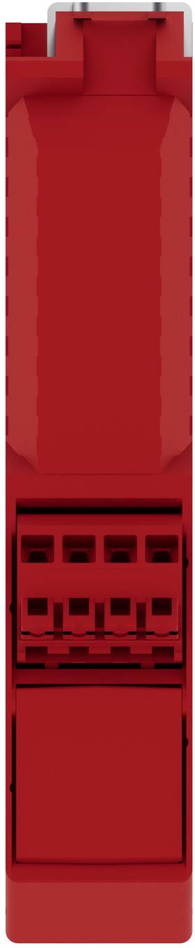 Roter Kunststoff-Elektrostecker mit Verriegelungslasche und mehreren Buchsenöffnungen, Vorderansicht auf weißem Hintergrund