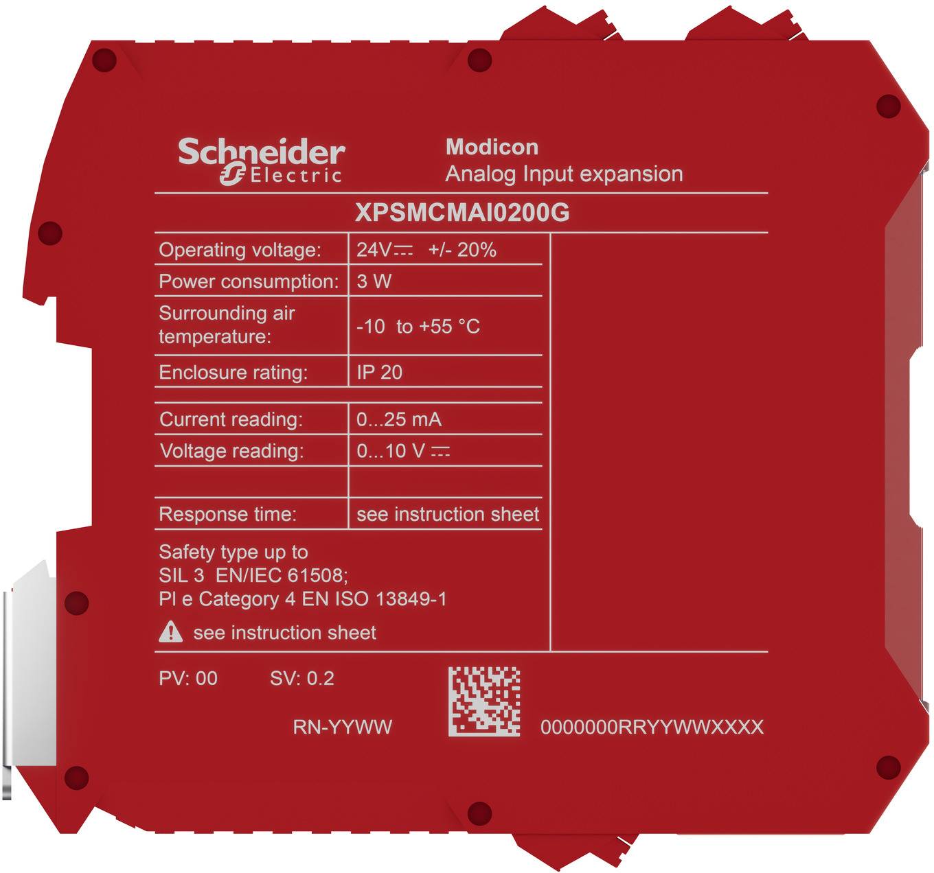 Rotes Schneider Electric Modicon Analog-Eingangserweiterungsmodul mit der Bezeichnung XPSMCMAI0200G, das Spannungs-/Strombereiche und Sicherheitsspezifikationen zeigt.
