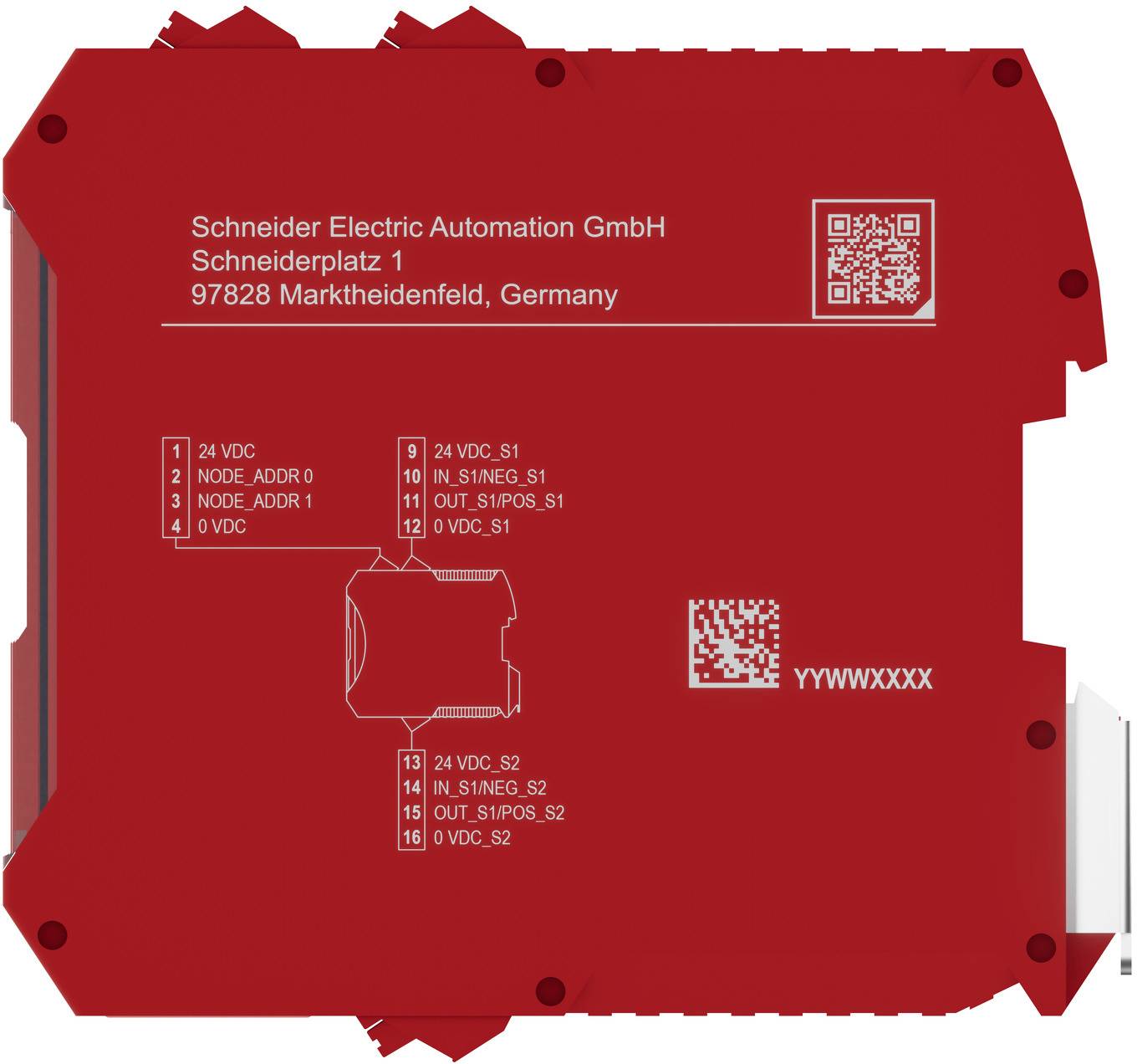Rotes Schneider Electric Automatisierungsmodul mit gedruckten Verdrahtungs-/Anschlussmarkierungen, QR-Codes und Modellkennzeichnungen.