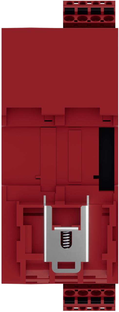 Rotes LEGO-ähnliches Blockbausystem, vertikal angeordnet, mit zentralem silbernem Federklemmer und schwarzer Seitenöffnung auf einer überwiegend roten Struktur.