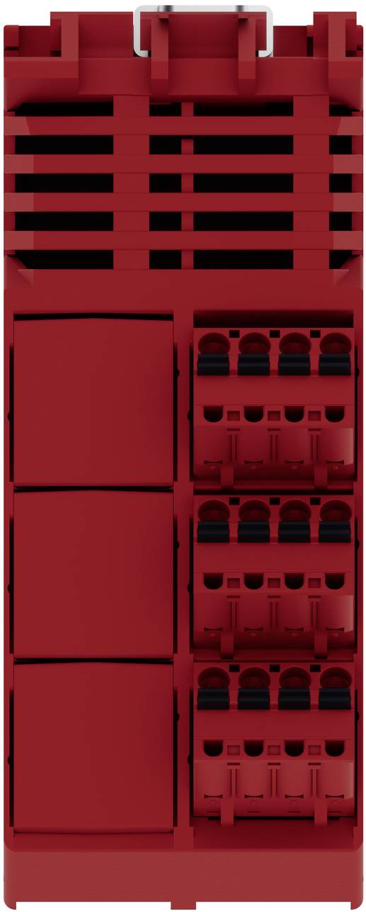 Rotes modulares Elektroschutzschalter-Panel mit mehreren Schaltern und leeren Abdeckungsbereichen.
