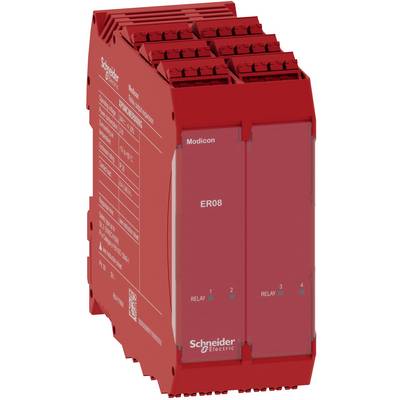 Rotes Schneider Electric Modicon ER08-Relaismodul mit nummerierten Anschlüssen auf weißem Hintergrund.