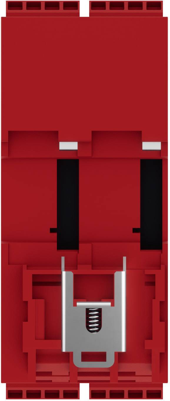 Rotes Lego-ähnliches Plastikstein von oben betrachtet, das ineinandergreifende Noppen und eine zentrale grau gefederte Verriegelung in einem vertieften Fach zeigt.