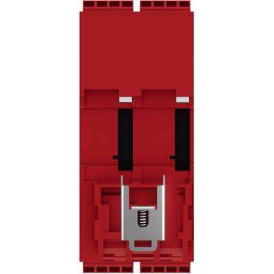 Rotes Lego-ähnliches Plastikstein von oben betrachtet, das ineinandergreifende Noppen und eine zentrale grau gefederte Verriegelung in einem vertieften Fach zeigt.
