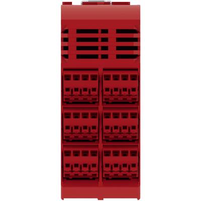 Roter elektrischer Verbindungsblock mit mehreren gestapelten Anschlussschlitzen und schwarzen Arretierlaschen, Vorderansicht dargestellt.