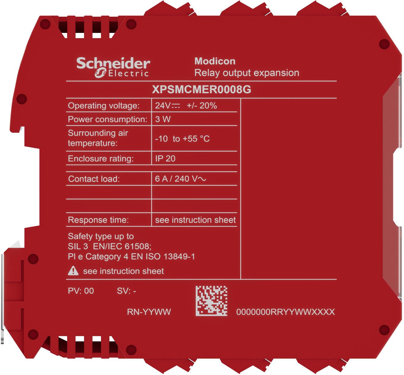 Rotes Schneider Electric Modicon Relais-Ausgangs-Erweiterungsmodul mit der Bezeichnung XPSMCMER0008G und elektrischen Spezifikationen sowie Sicherheitsbewertungen auf der Vorderseite aufgedruckt.
