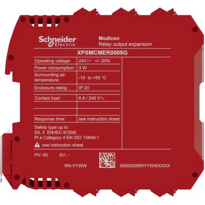Rotes Schneider Electric Modicon Relais-Ausgangs-Erweiterungsmodul mit der Bezeichnung XPSMCMER0008G und elektrischen Spezifikationen sowie Sicherheitsbewertungen auf der Vorderseite aufgedruckt.