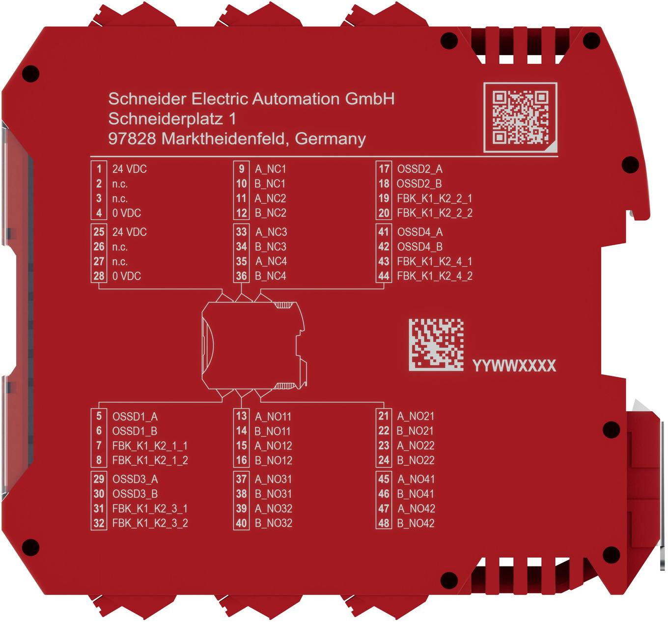 Rotes Schneider Electric Automatisierungsmoduletikett mit Anschluss-Pinbelegungstext und zwei QR-Codes, die Steckerverbindungszuordnungen und Modellmarkierungen anzeigen.