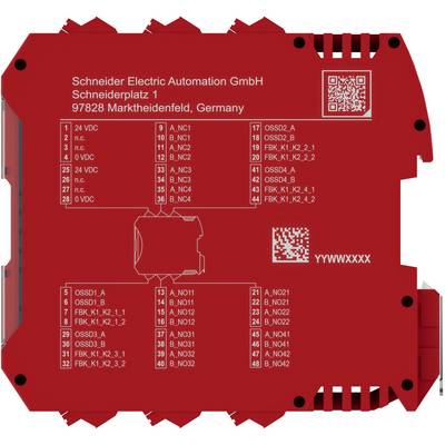Rotes Schneider Electric Automatisierungsmoduletikett mit Anschluss-Pinbelegungstext und zwei QR-Codes, die Steckerverbindungszuordnungen und Modellmarkierungen anzeigen.