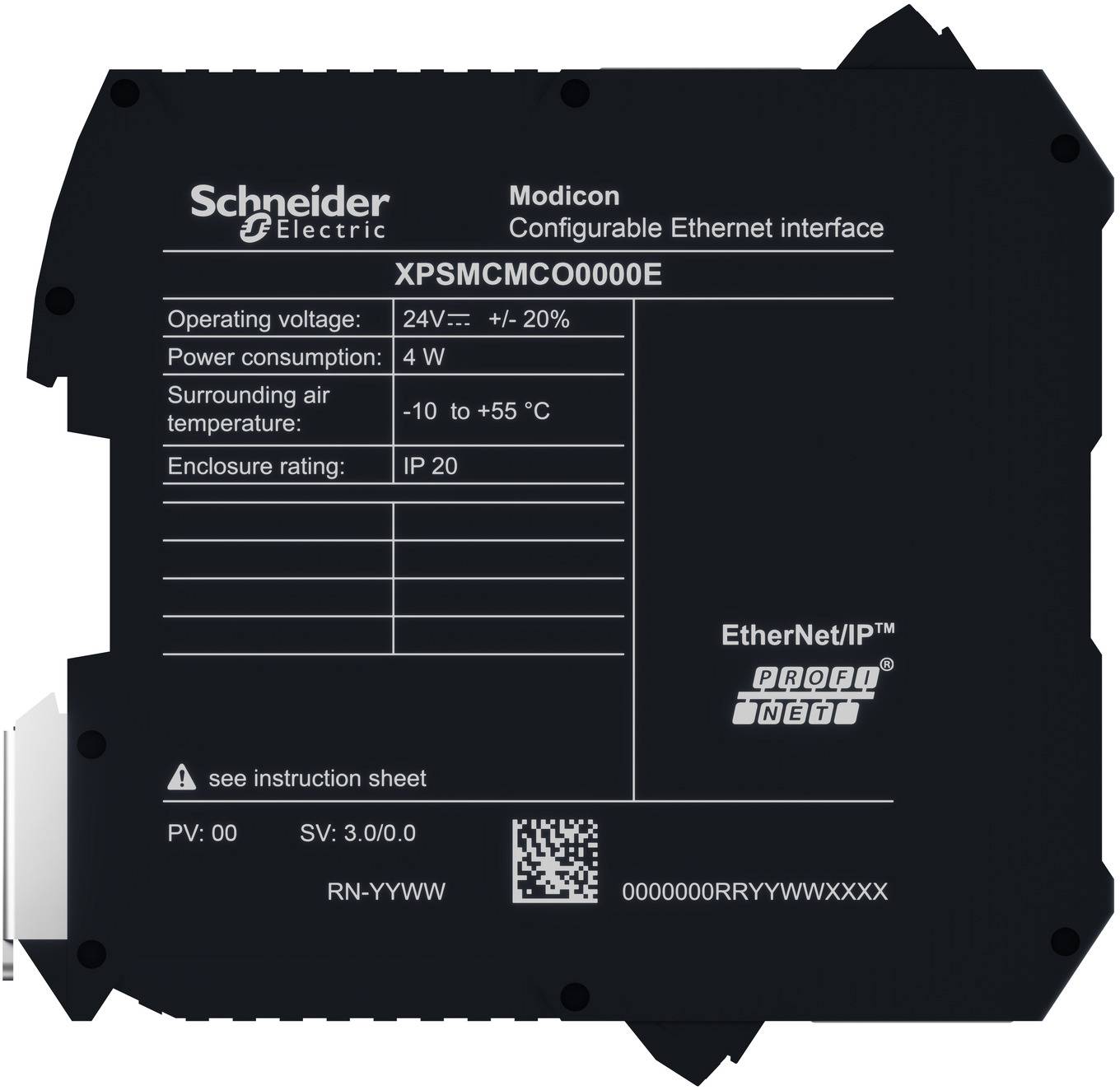 Schneider Electric Modicon konfigurierbares Ethernet-Schnittstellenmodul, Modell XPSMCM0000E, mit Angaben zu Leistungs- und Umweltbewertungen.