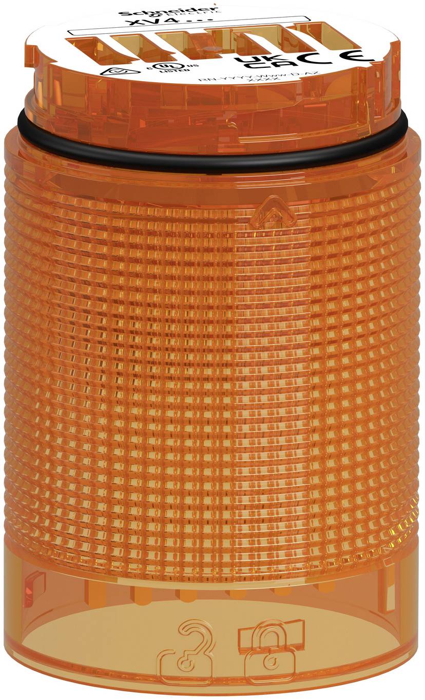 Orange zylindrisches Leuchtfeuer mit durchscheinendem Objektiv und schwarzer Basis, vor weißem Hintergrund dargestellt.