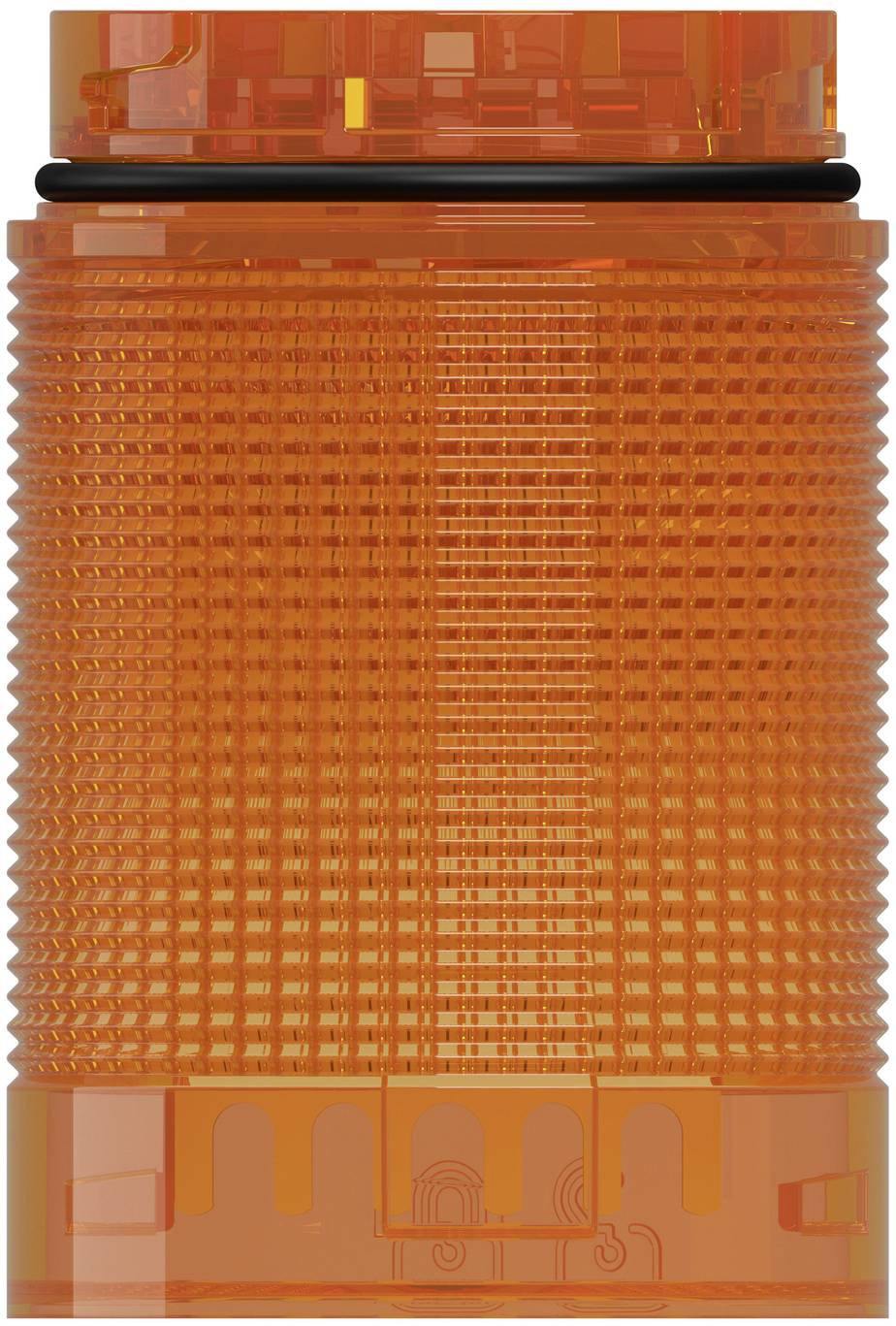 Oranges Bernsteinwarnleuchte mit zylindrischer gerillter Linse und schwarzem Ring, gezeigt auf weißem Hintergrund.