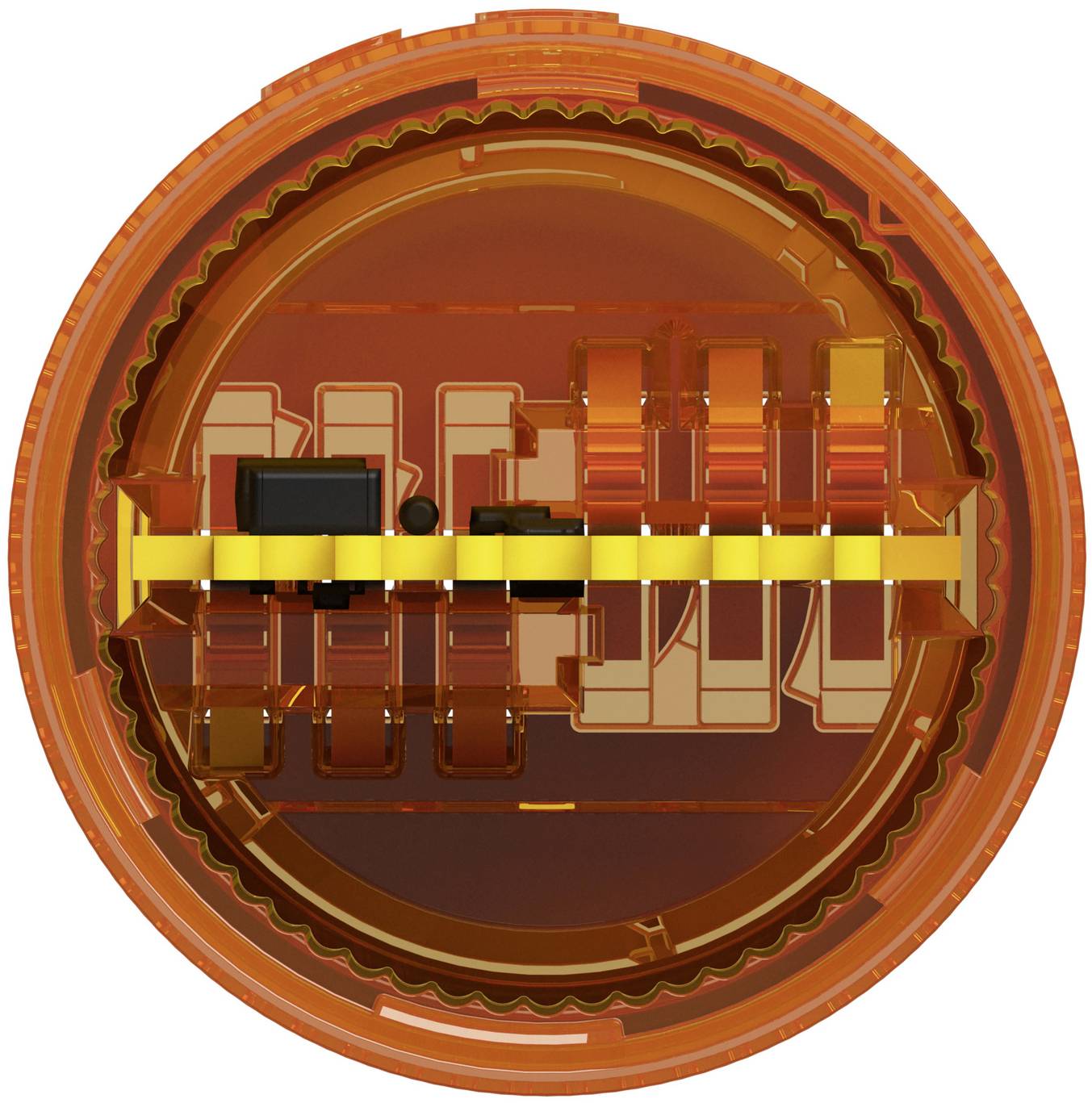 Oranges, durchscheinendes, kreisförmiges elektronisches Bauteil mit internen Kontakten und einem horizontalen gelben Band in der Mitte.