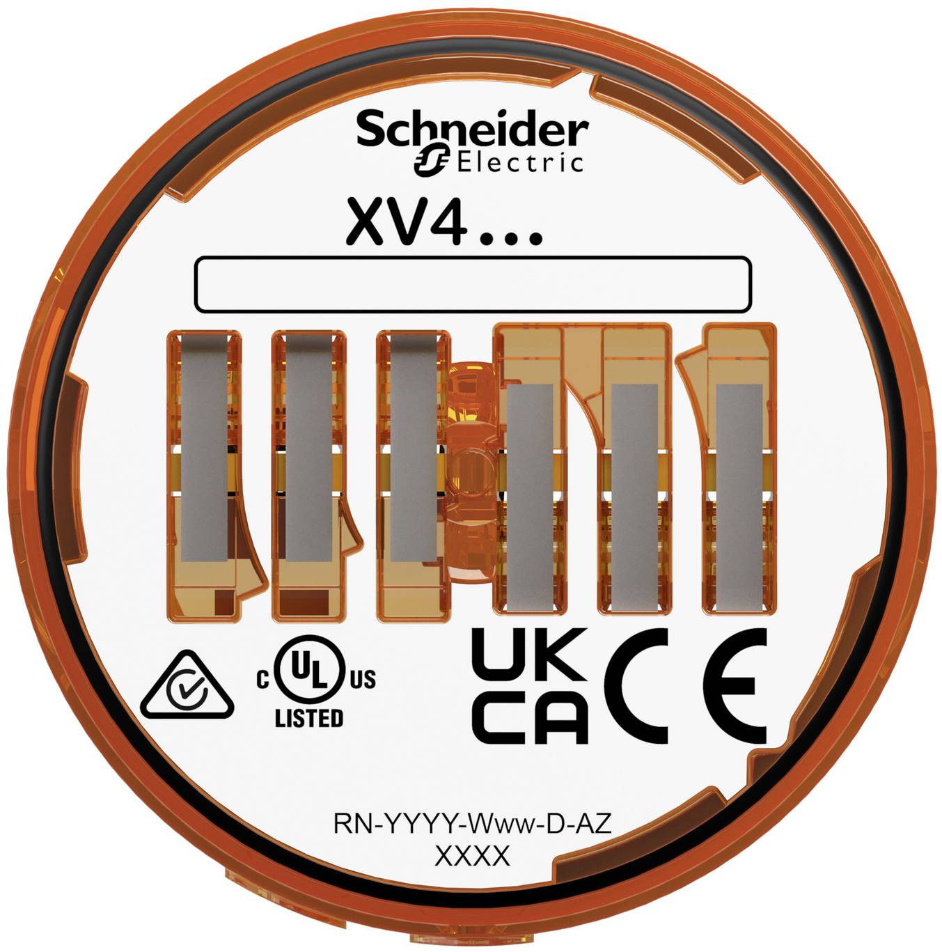 Rundes Schneider Electric XV4... Produktetikett mit orangefarbenen Anschlussklemmen und Konformitätszeichen einschließlich UL, UKCA und CE.