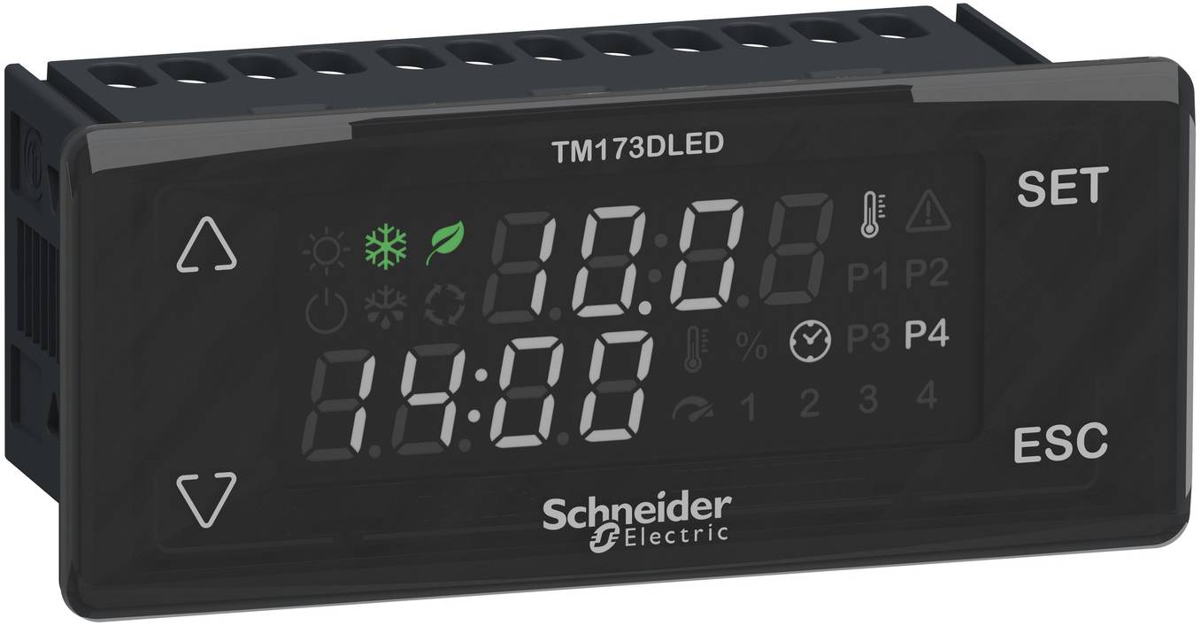 Schneider Electric TM173DLED digitales Temperaturregler-Display zeigt 10,0 und 14:00 an, mit SET- und ESC-Tasten sowie Auf-/Ab-Pfeilen.