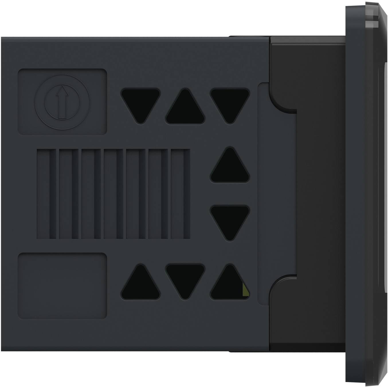 Nahaufnahme eines dunklen Gerätepanels mit Belüftungsschlitzen, dreieckigen Pfeiltasten und einem vorstehenden Seitenbügel oder Riegel.