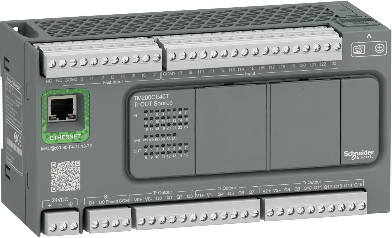 Schneider Electric TM200CE40T SPS-Steuerung, ein kompaktes graues Industrieautomationsmodul mit Ethernet-Anschluss und mehreren Terminalverbindungen.