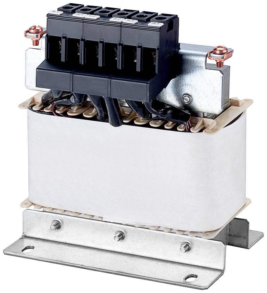 Elektrischer Transformator mit schwarzem Klemmblock, montiert auf einer Metallbasis mit sichtbaren Verdrahtungsverbindungen.