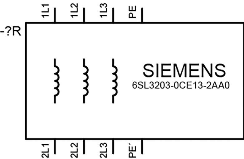 Siemens Elektrogeräteschaltplan mit drei Eingangsklemmen L1, L2, L3 und PE oben und Ausgangsklemmen 2L1, 2L2, 2L3 und PE unten; Modell 6SL3203-0CE13-2AA0.