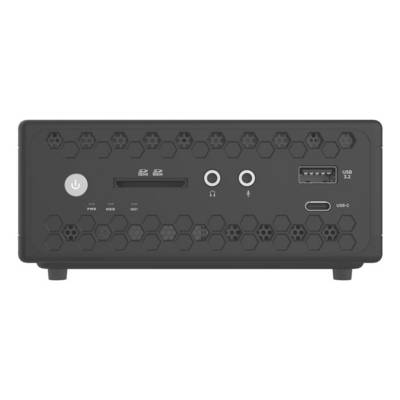 Vorderansicht eines schwarzen Computergehäusefront-Panels mit Netztaster, Kartensteckplatz, Kopfhörer- und Mikrofonbuchsen, USB-Anschlüssen und sechseckigem Lüftungsmuster.