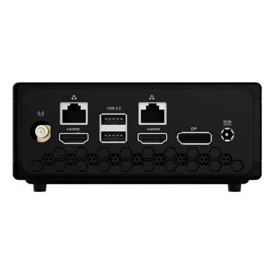 Vorderansicht eines kompakten schwarzen Mini-PCs mit Anschlüssen: Stromversorgungsbuchse, zwei HDMI-Anschlüsse, zwei USB-3.2-Anschlüsse, DisplayPort und Gleichstromeingang.