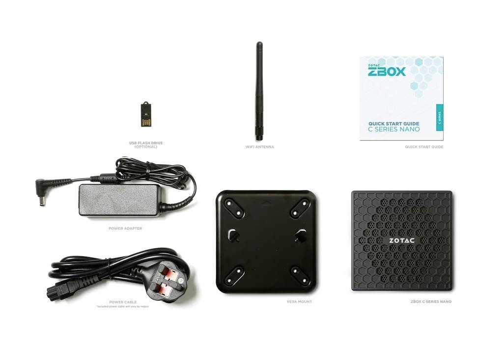ZOTAC ZBOX C Series Nano Inhalt ausgelegt: Mini-PC, Netzteil und Kabel, Wi-Fi-Antenne, USB-Stick, VESA-Halterung und Schnellstartanleitung.