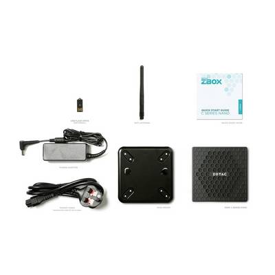 ZOTAC ZBOX C Series Nano Inhalt ausgelegt: Mini-PC, Netzteil und Kabel, Wi-Fi-Antenne, USB-Stick, VESA-Halterung und Schnellstartanleitung.