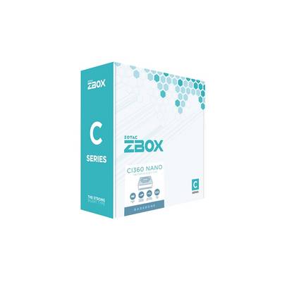 Produktverpackung für Zotac ZBOX C Series CI360 Nano Barebone Mini-PC, gezeigt in türkiser und weißer Verpackung.