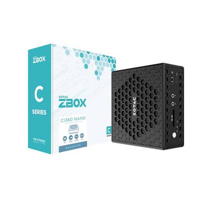 ZOTAC ZBOX CI360 Nano C Series Mini-PC neben seiner Einzelhandelskachtel gezeigt, mit einem kompakten schwarzen Gehäuse mit Wabenmuster.