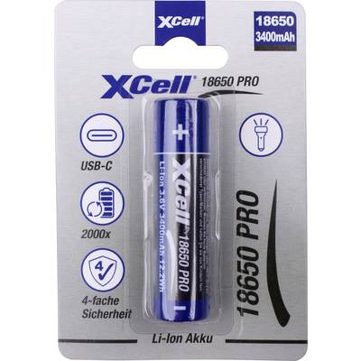 XCell 18650 PRO Li-Ionen-Batterie in Einzelhandelsverpackung, gekennzeichnet mit USB-C, 3400mAh, 2000x und 4-facher Sicherheit.