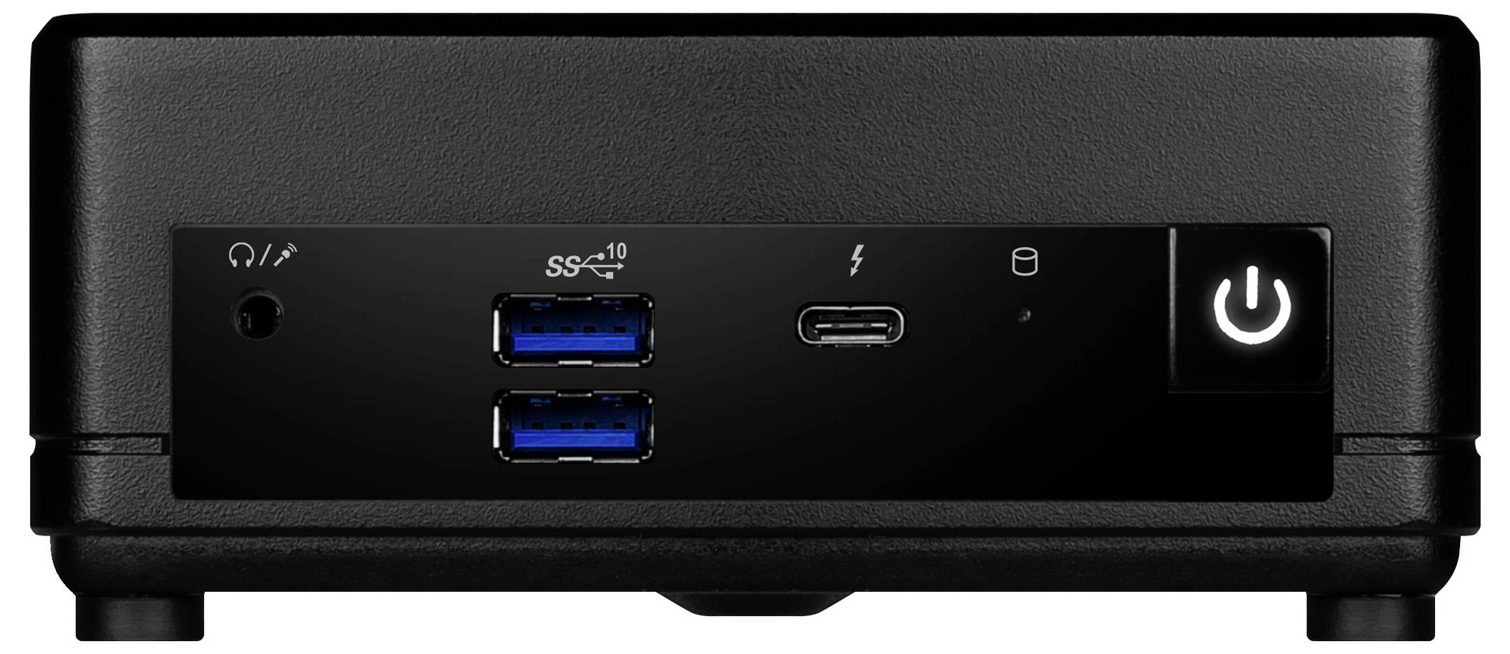 Vorderansicht eines schwarzen Geräts mit zwei blauen USB-A-Anschlüssen, einem USB-C-Anschluss und einer leuchtenden Stromtaste auf der rechten Seite.
