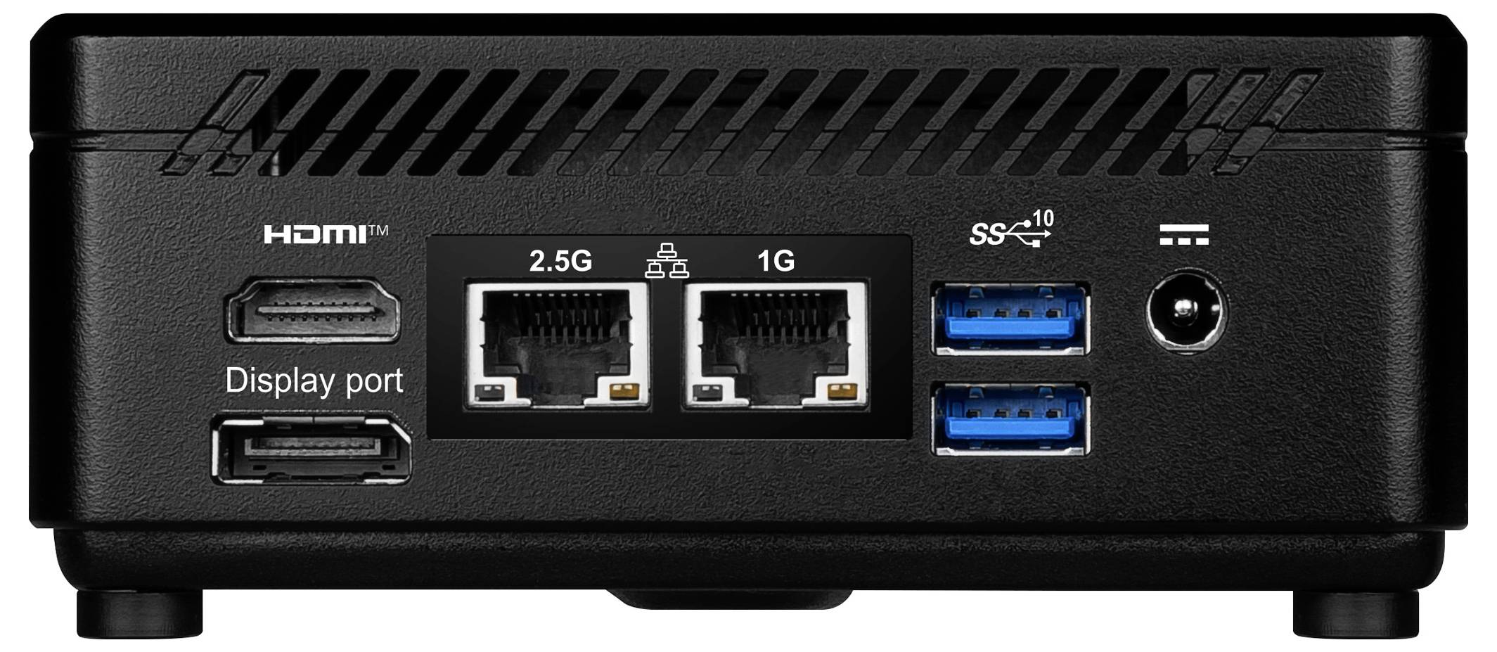 Rückansicht eines Mini-PCs mit HDMI, DisplayPort, zwei Ethernet-Anschlüssen mit der Bezeichnung „2,5G" und „1G", zwei USB-Anschlüssen und einer Strombuchse.