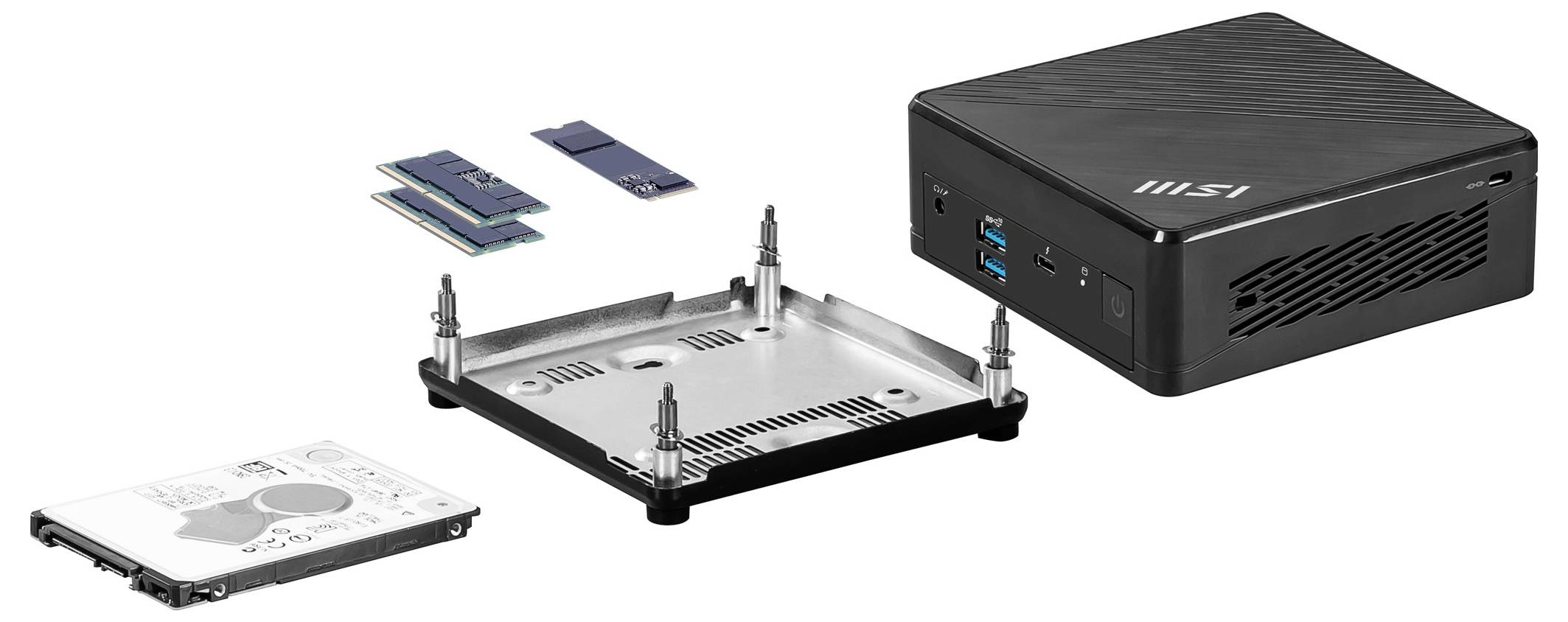 Explodierte Darstellung eines MSI Mini-PCs mit dem Gehäuse, der Hauptplatine, den RAM-Modulen und den 2,5-Zoll-Laufwerk-Komponenten getrennt zur Montage.