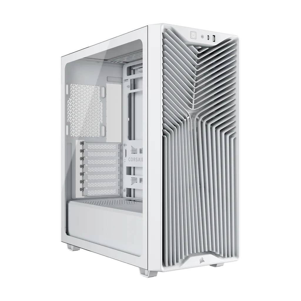 Weißes Corsair-Desktop-PC-Gehäuse mit Glasseitenpanel und geformten vorderen Belüftungsrippen.